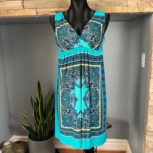 Enfocus Studio Y2K Hippie Boho Mini Dress Stretch Retro Turquoise Blue Brown 4